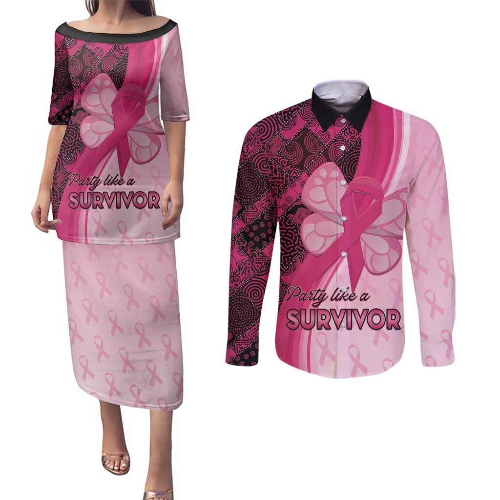 Breast Cancer Awareness Couples Matching Puletasi and Long Sleeve Button Shirt Party Like A Survivor - Pink African Pattern - Wonder Print Shop