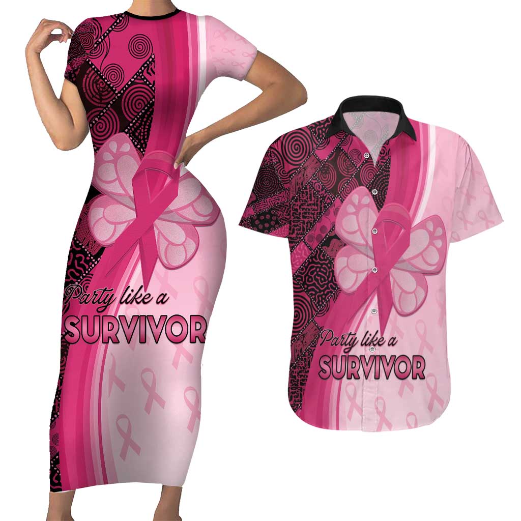 Breast Cancer Awareness Couples Matching Short Sleeve Bodycon Dress and Hawaiian Shirt Party Like A Survivor - Pink African Pattern - Wonder Print Shop