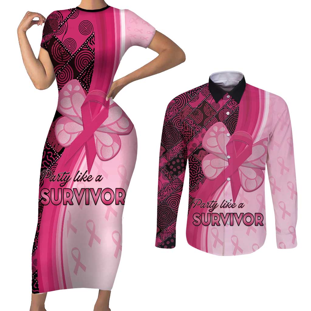 Breast Cancer Awareness Couples Matching Short Sleeve Bodycon Dress and Long Sleeve Button Shirt Party Like A Survivor - Pink African Pattern - Wonder Print Shop