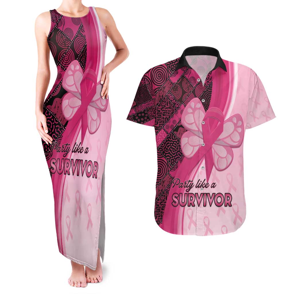 Breast Cancer Awareness Couples Matching Tank Maxi Dress and Hawaiian Shirt Party Like A Survivor - Pink African Pattern - Wonder Print Shop
