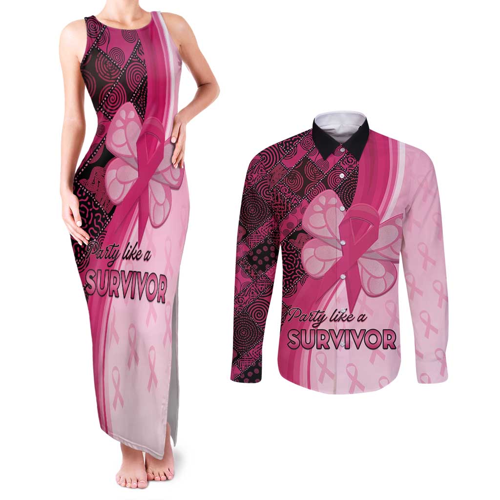 Breast Cancer Awareness Couples Matching Tank Maxi Dress and Long Sleeve Button Shirt Party Like A Survivor - Pink African Pattern - Wonder Print Shop