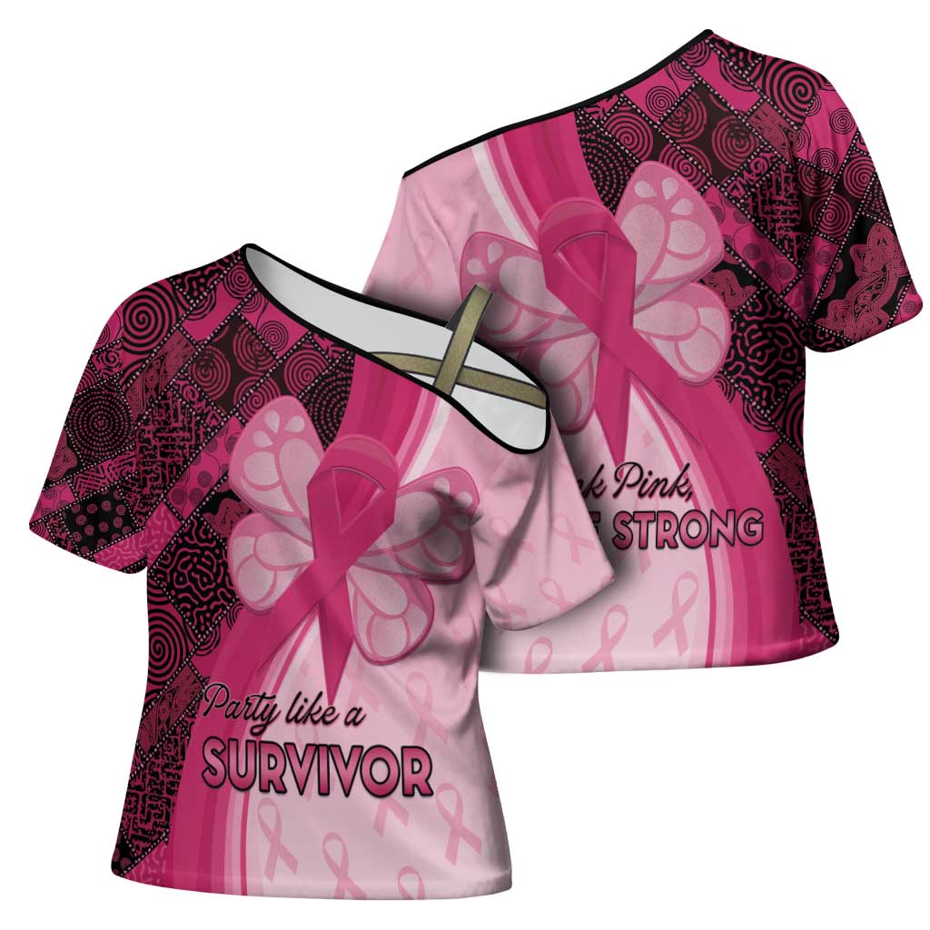 Breast Cancer Awareness Cross Shoulder Shirt Party Like A Survivor - Pink African Pattern - Wonder Print Shop