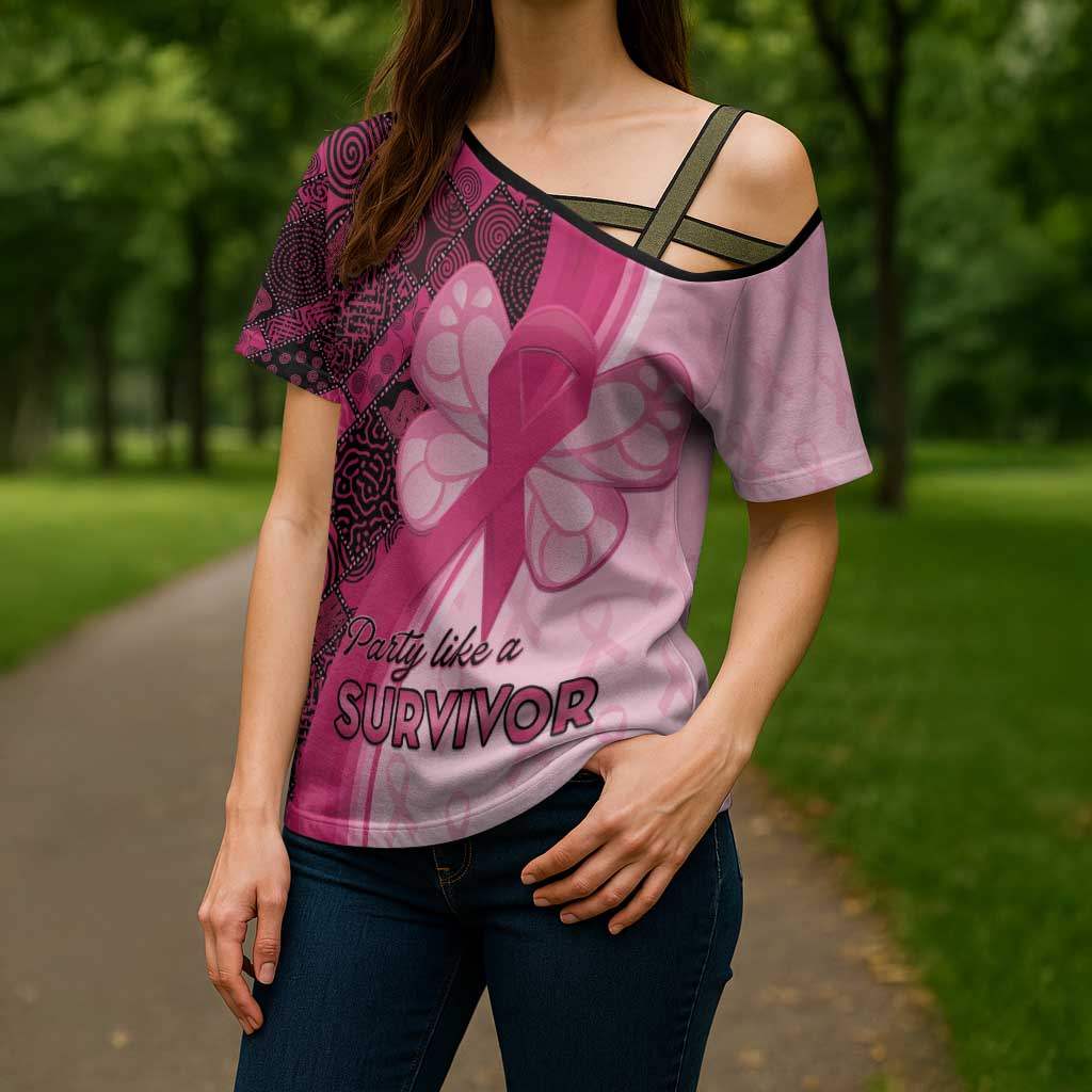 Breast Cancer Awareness Cross Shoulder Shirt Party Like A Survivor - Pink African Pattern - Wonder Print Shop