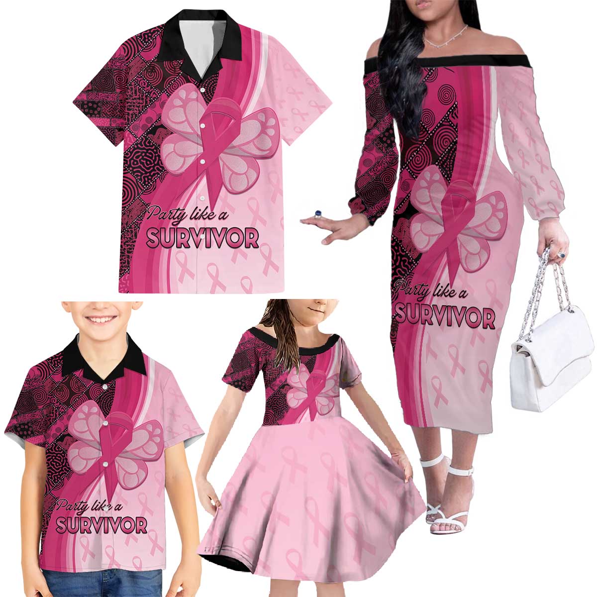 Breast Cancer Awareness Family Matching Off The Shoulder Long Sleeve Dress and Hawaiian Shirt Party Like A Survivor - Pink African Pattern - Wonder Print Shop