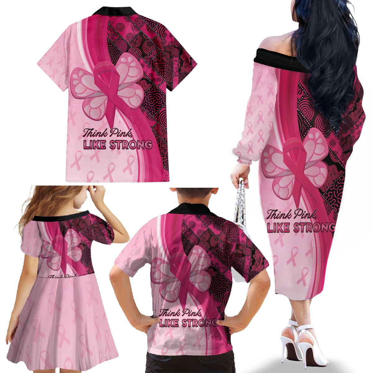 Breast Cancer Awareness Family Matching Off The Shoulder Long Sleeve Dress and Hawaiian Shirt Party Like A Survivor - Pink African Pattern - Wonder Print Shop