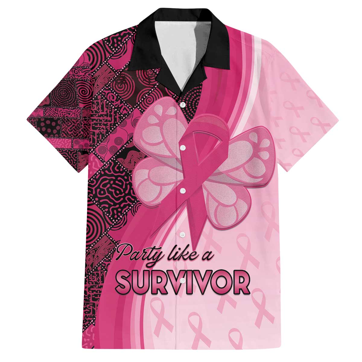 Breast Cancer Awareness Family Matching Off The Shoulder Long Sleeve Dress and Hawaiian Shirt Party Like A Survivor - Pink African Pattern - Wonder Print Shop
