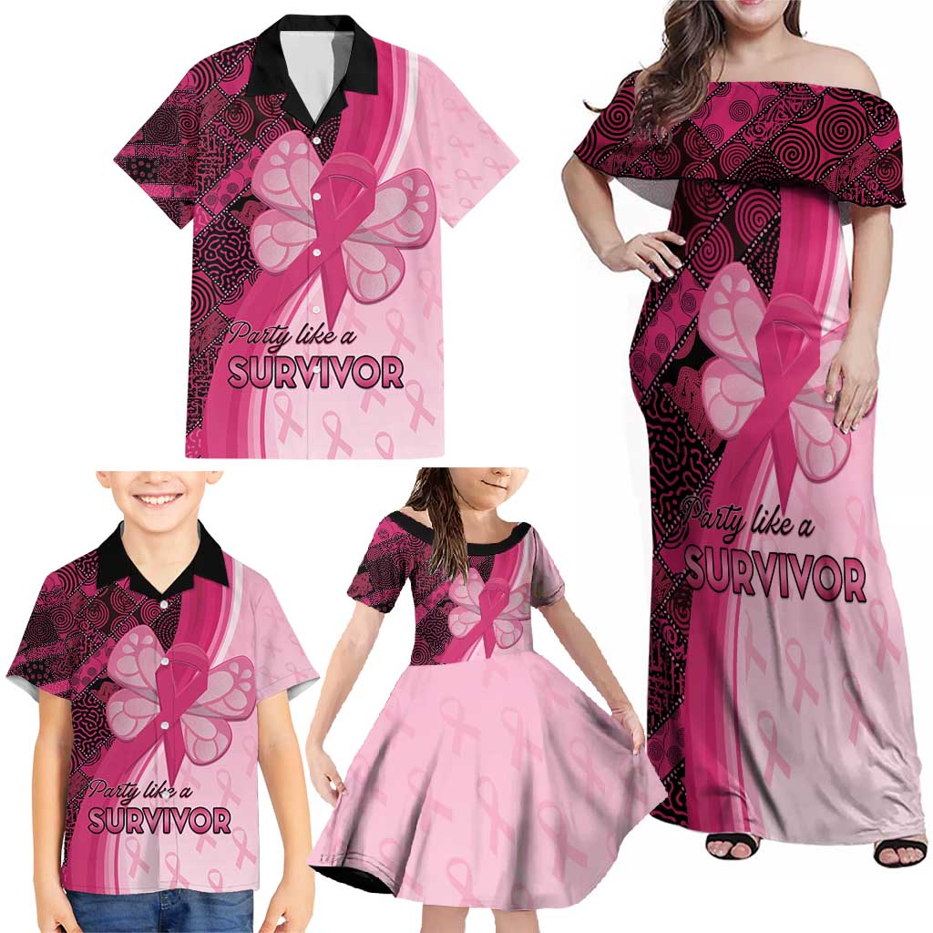 Breast Cancer Awareness Family Matching Off Shoulder Maxi Dress and Hawaiian Shirt Party Like A Survivor - Pink African Pattern - Wonder Print Shop