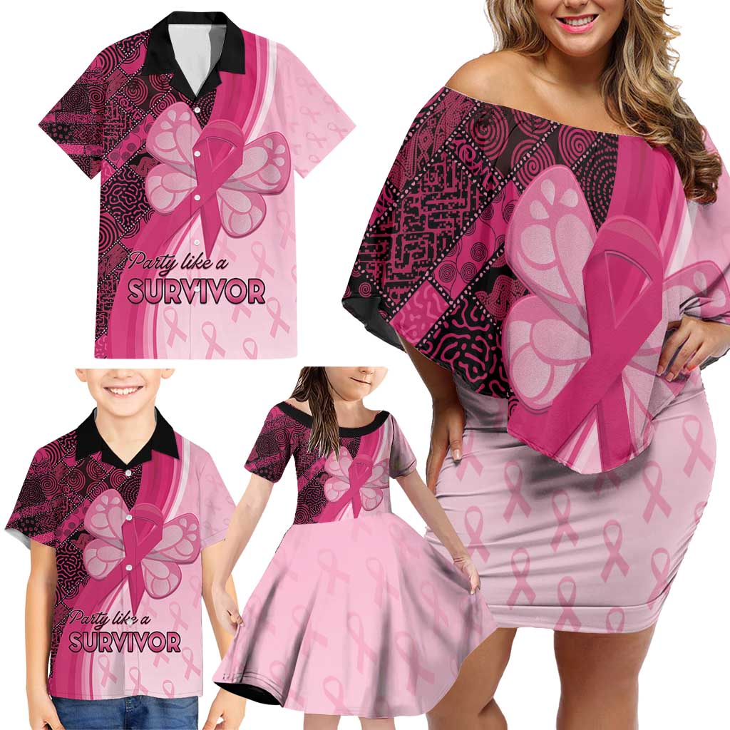 Breast Cancer Awareness Family Matching Off Shoulder Short Dress and Hawaiian Shirt Party Like A Survivor - Pink African Pattern - Wonder Print Shop