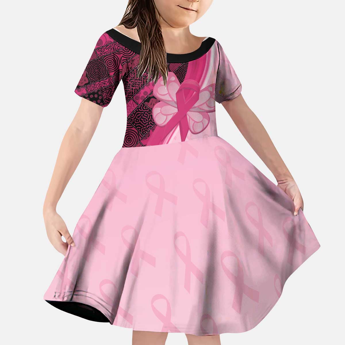 Breast Cancer Awareness Kid Short Sleeve Dress Party Like A Survivor - Pink African Pattern - Wonder Print Shop