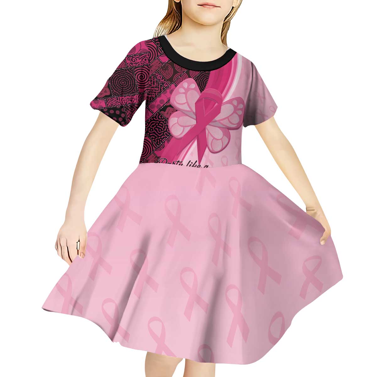 Breast Cancer Awareness Kid Short Sleeve Dress Party Like A Survivor - Pink African Pattern - Wonder Print Shop