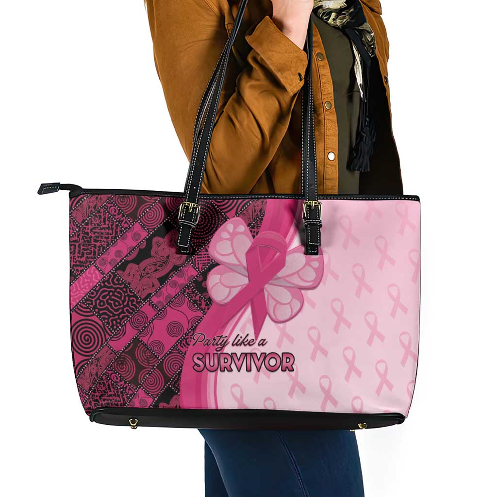 Breast Cancer Awareness Leather Tote Bag Party Like A Survivor - Pink African Pattern - Wonder Print Shop