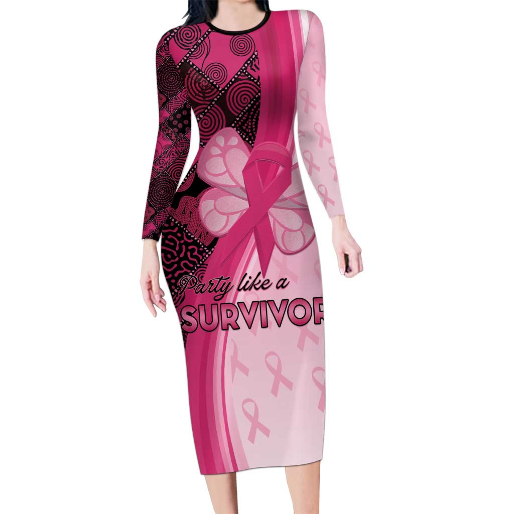 Breast Cancer Awareness Long Sleeve Bodycon Dress Party Like A Survivor - Pink African Pattern - Wonder Print Shop