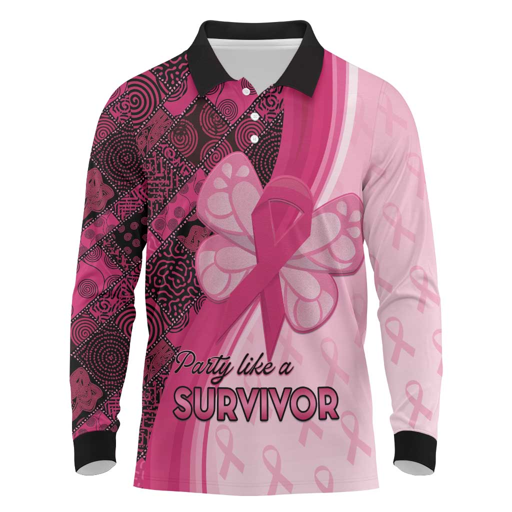 Breast Cancer Awareness Long Sleeve Polo Shirt Party Like A Survivor - Pink African Pattern - Wonder Print Shop