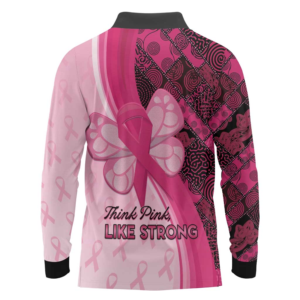 Breast Cancer Awareness Long Sleeve Polo Shirt Party Like A Survivor - Pink African Pattern - Wonder Print Shop