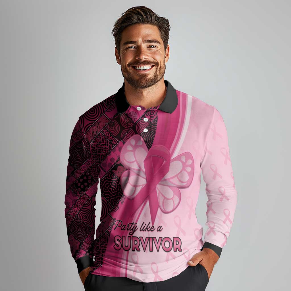 Breast Cancer Awareness Long Sleeve Polo Shirt Party Like A Survivor - Pink African Pattern - Wonder Print Shop