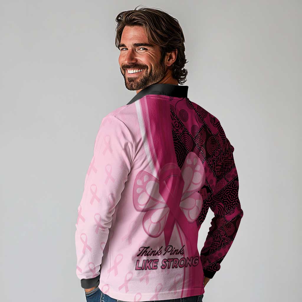 Breast Cancer Awareness Long Sleeve Polo Shirt Party Like A Survivor - Pink African Pattern - Wonder Print Shop