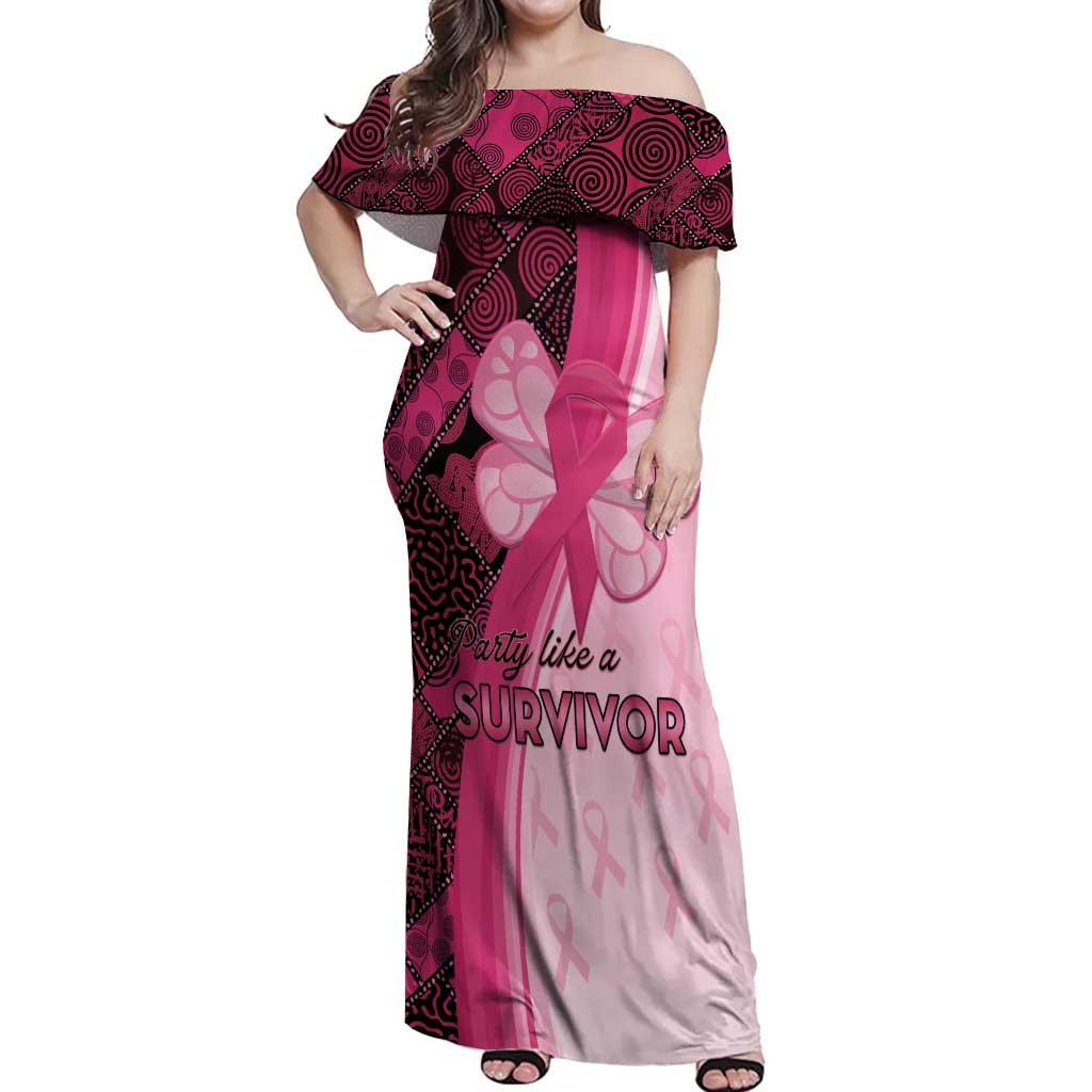 Breast Cancer Awareness Off Shoulder Maxi Dress Party Like A Survivor - Pink African Pattern - Wonder Print Shop