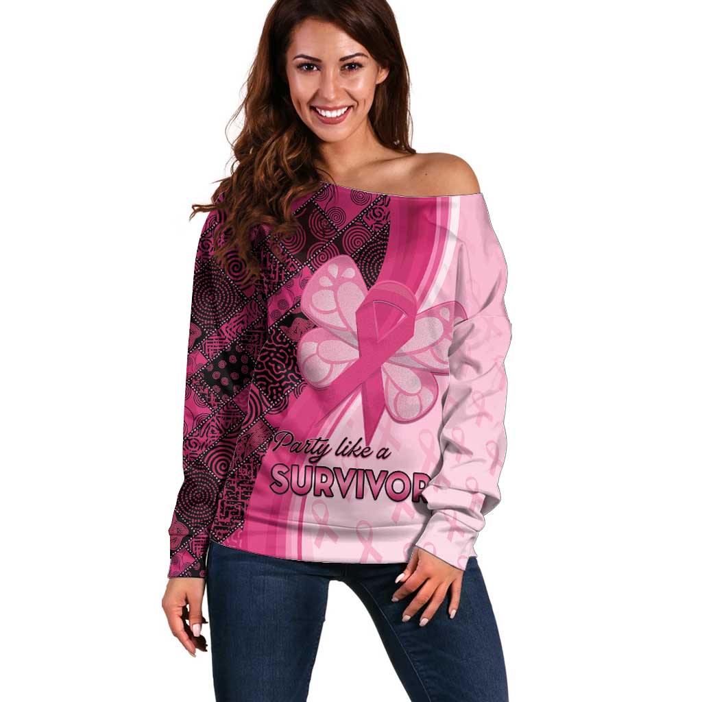 Breast Cancer Awareness Off Shoulder Sweater Party Like A Survivor - Pink African Pattern - Wonder Print Shop