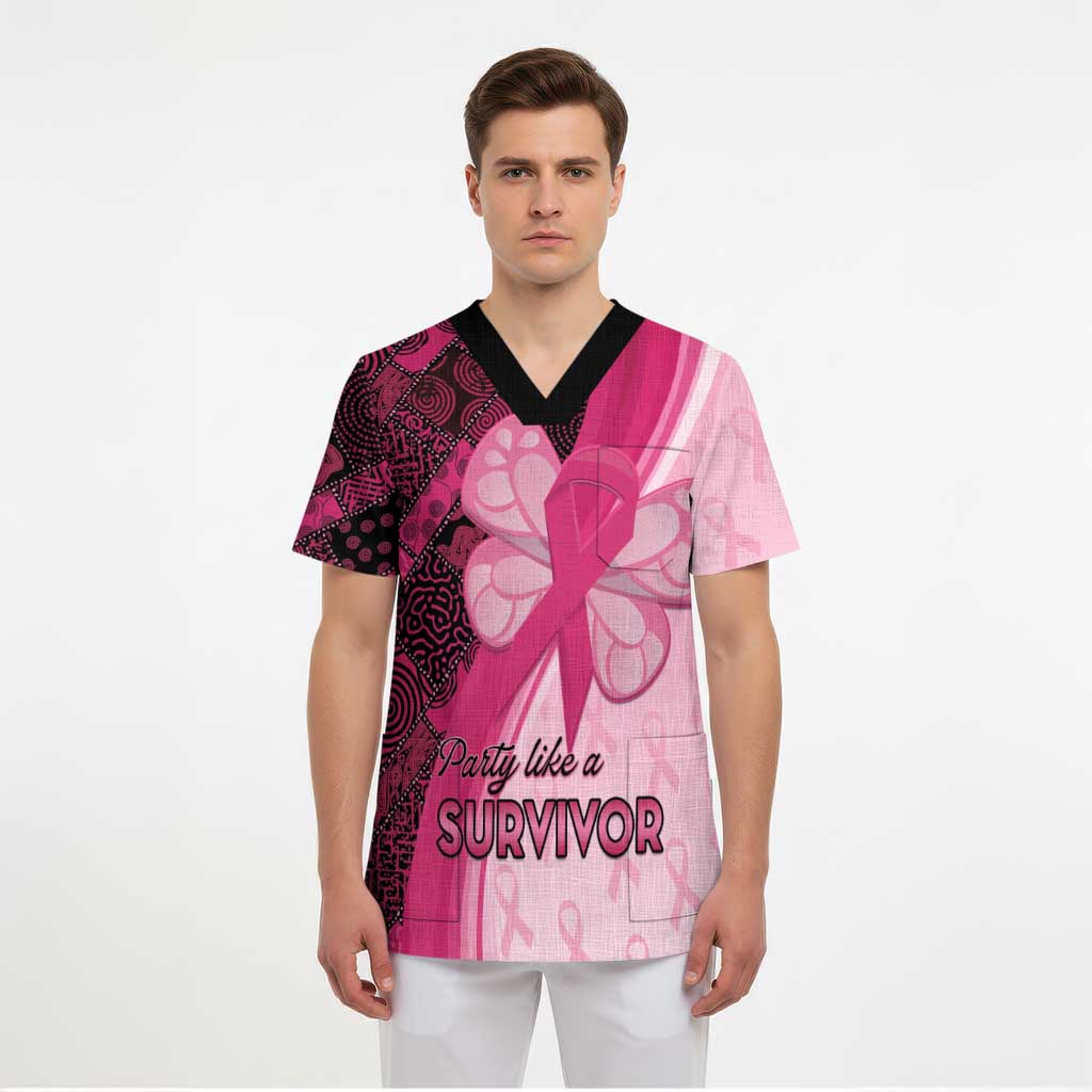 Breast Cancer Awareness Scrub Top Party Like A Survivor - Pink African Pattern - Wonder Print Shop