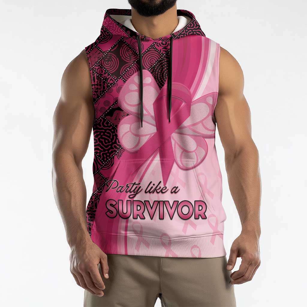 Breast Cancer Awareness Sleeveless Hoodie Party Like A Survivor - Pink African Pattern - Wonder Print Shop