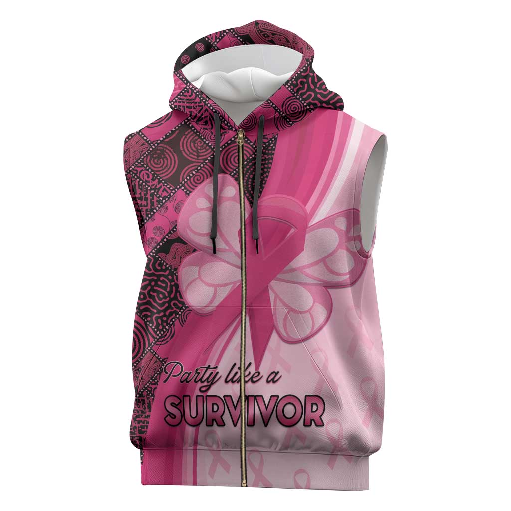 Breast Cancer Awareness Sleeveless Zip Hoodie Party Like A Survivor - Pink African Pattern - Wonder Print Shop