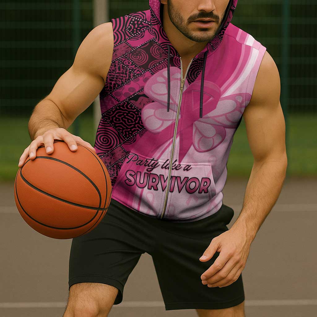 Breast Cancer Awareness Sleeveless Zip Hoodie Party Like A Survivor - Pink African Pattern - Wonder Print Shop