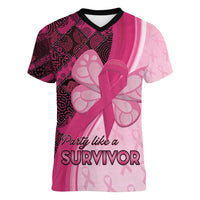Breast Cancer Awareness Women V-Neck T-Shirt Party Like A Survivor - Pink African Pattern - Wonder Print Shop