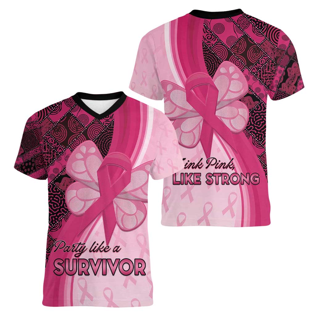 Breast Cancer Awareness Women V-Neck T-Shirt Party Like A Survivor - Pink African Pattern - Wonder Print Shop