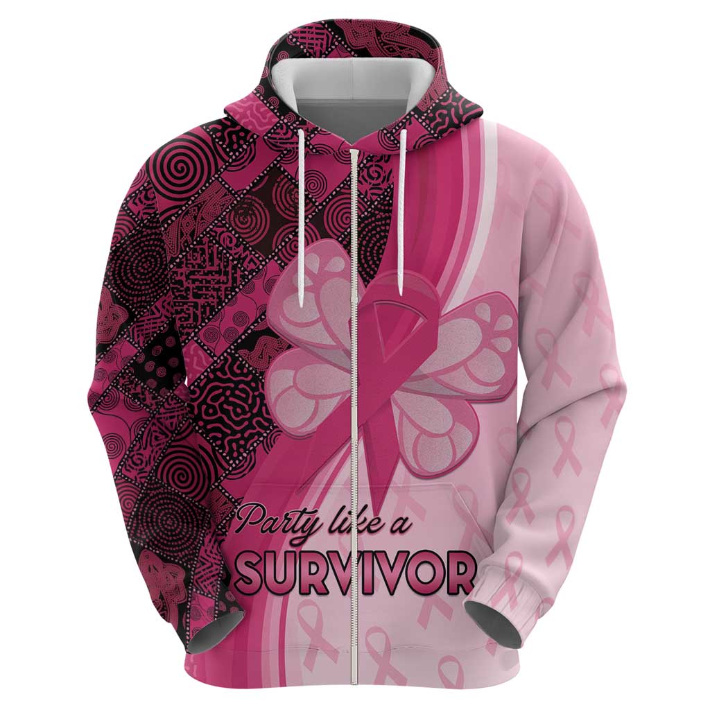 Breast Cancer Awareness Zip Hoodie Party Like A Survivor - Pink African Pattern - Wonder Print Shop