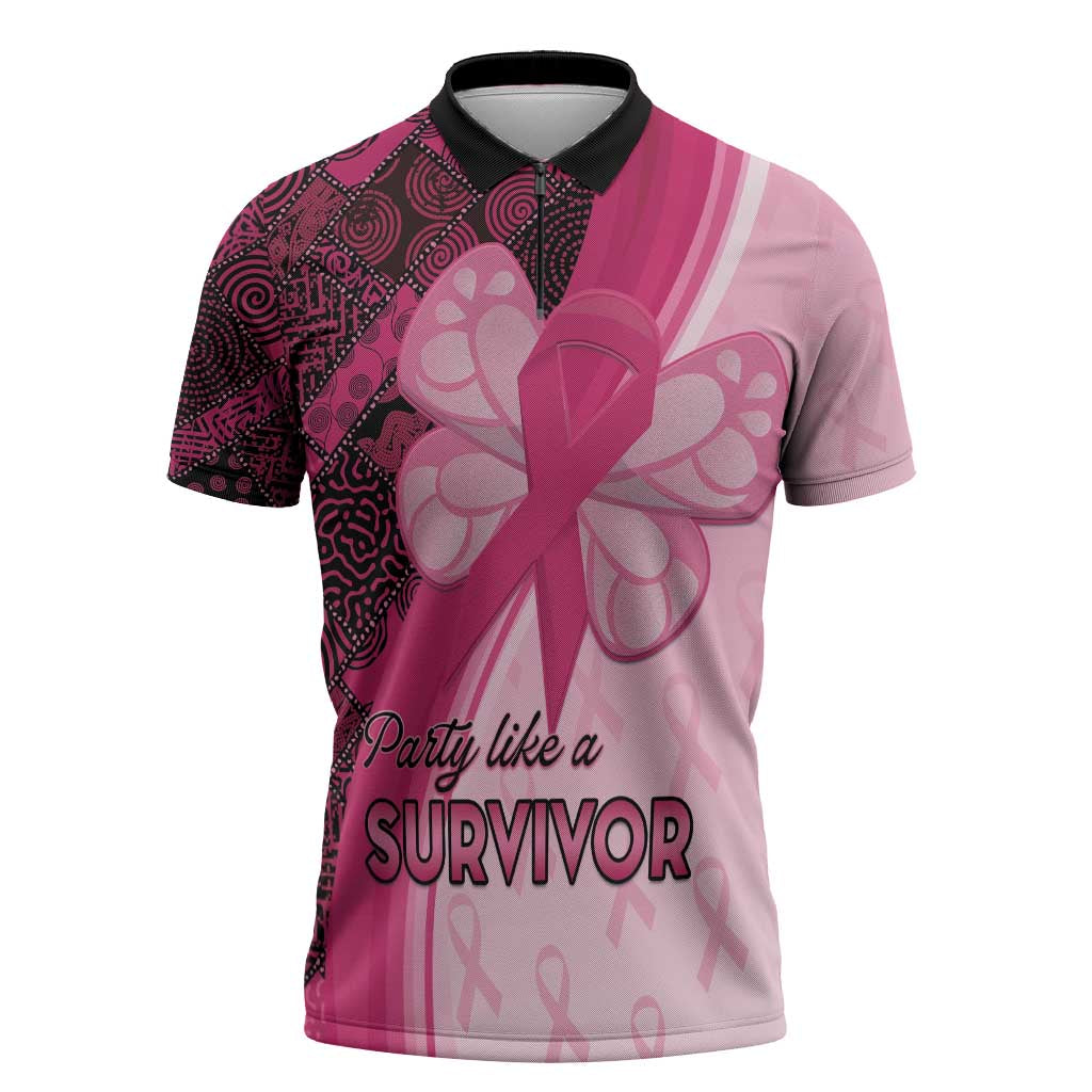 Breast Cancer Awareness Zipper Polo Shirt Party Like A Survivor - Pink African Pattern - Wonder Print Shop