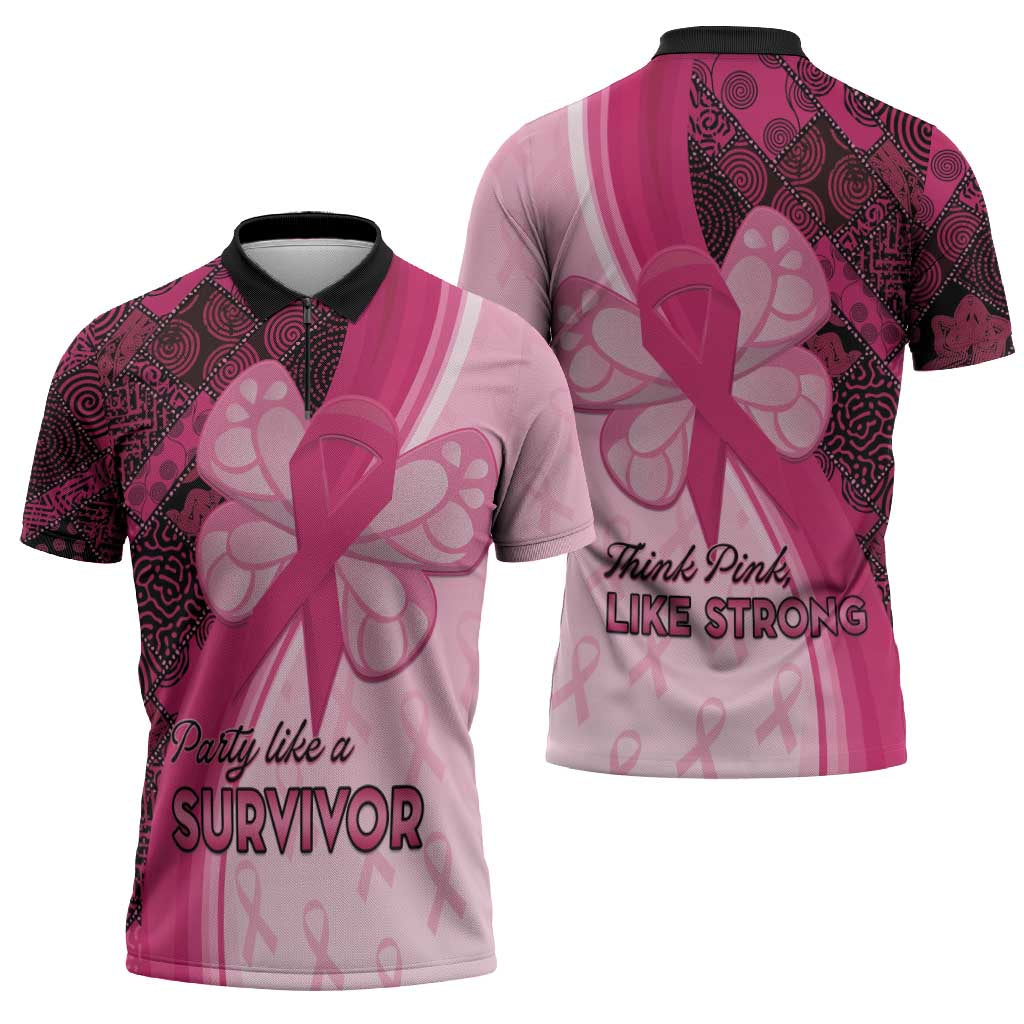 Breast Cancer Awareness Zipper Polo Shirt Party Like A Survivor - Pink African Pattern - Wonder Print Shop