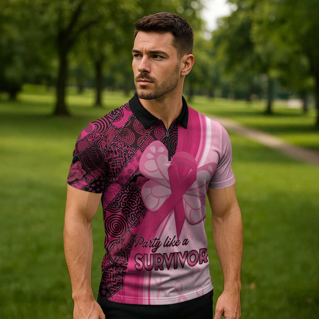 Breast Cancer Awareness Zipper Polo Shirt Party Like A Survivor - Pink African Pattern - Wonder Print Shop