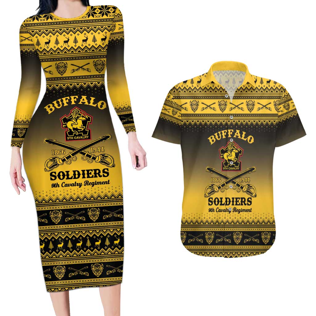 Buffalo Soldiers Christmas Couples Matching Long Sleeve Bodycon Dress and Hawaiian Shirt 9th Cavalry Regiment - Wonder Print Shop