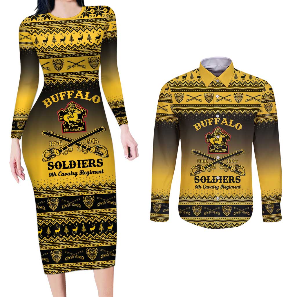 Buffalo Soldiers Christmas Couples Matching Long Sleeve Bodycon Dress and Long Sleeve Button Shirt 9th Cavalry Regiment - Wonder Print Shop