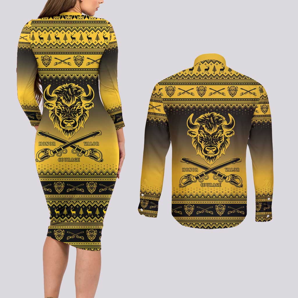 Buffalo Soldiers Christmas Couples Matching Long Sleeve Bodycon Dress and Long Sleeve Button Shirt 9th Cavalry Regiment - Wonder Print Shop