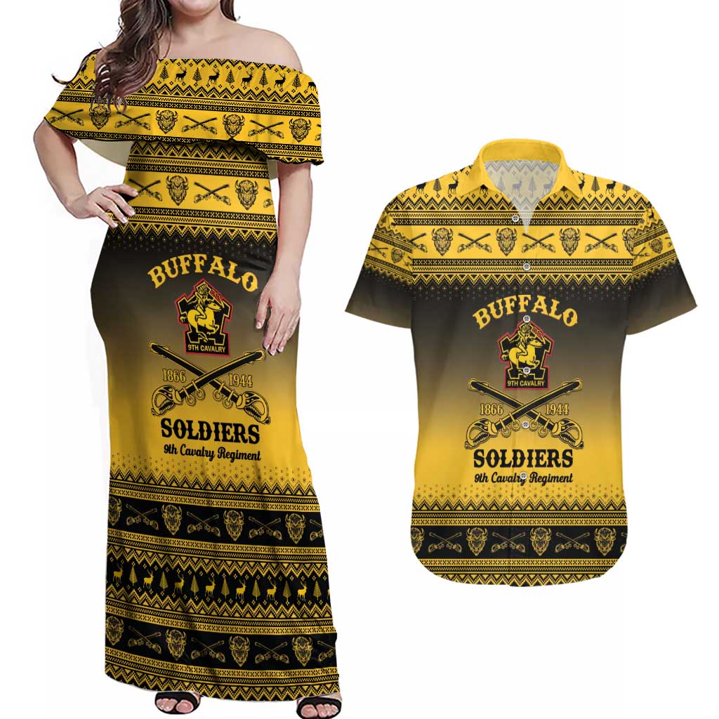 Buffalo Soldiers Christmas Couples Matching Off Shoulder Maxi Dress and Hawaiian Shirt 9th Cavalry Regiment - Wonder Print Shop