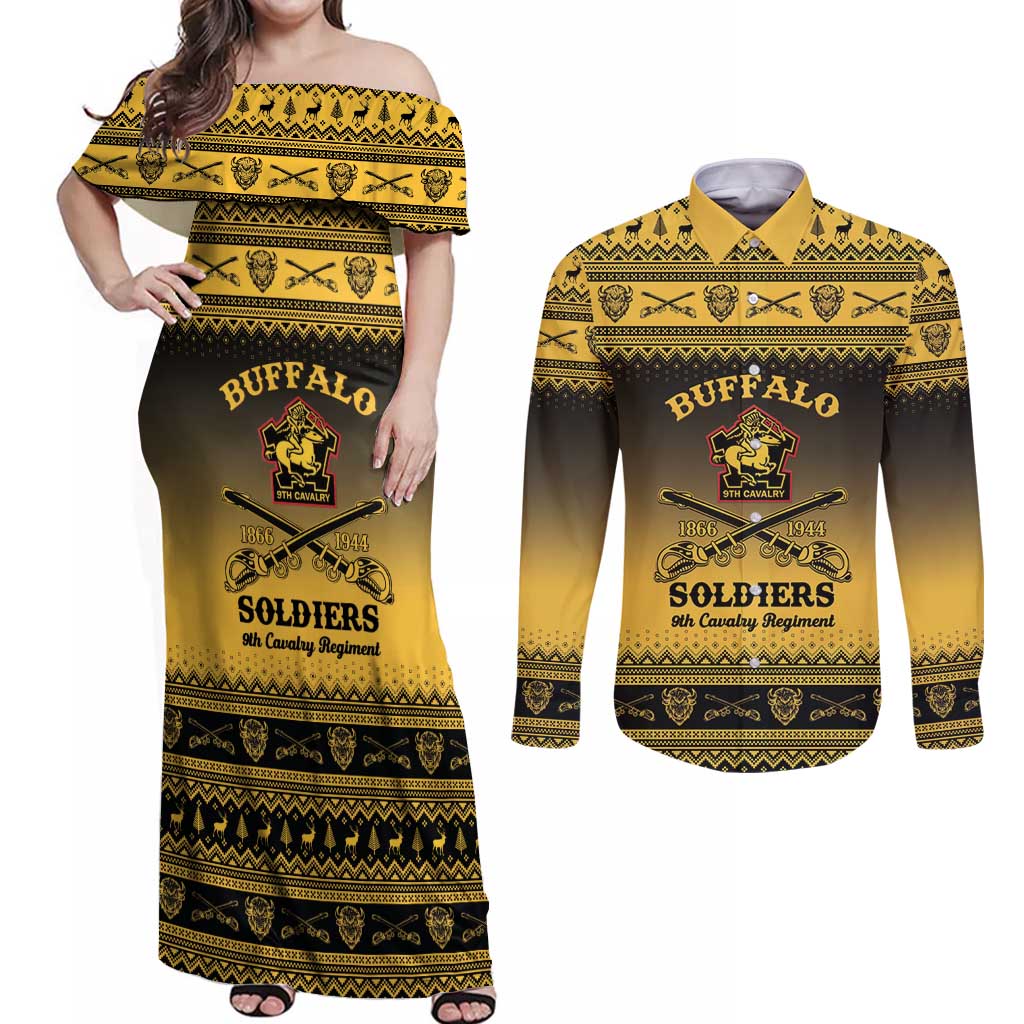 Buffalo Soldiers Christmas Couples Matching Off Shoulder Maxi Dress and Long Sleeve Button Shirt 9th Cavalry Regiment - Wonder Print Shop