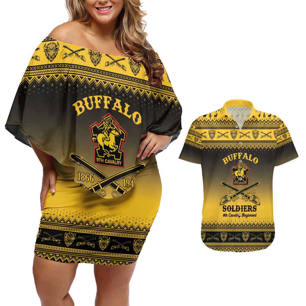 Buffalo Soldiers Christmas Couples Matching Off Shoulder Short Dress and Hawaiian Shirt 9th Cavalry Regiment - Wonder Print Shop