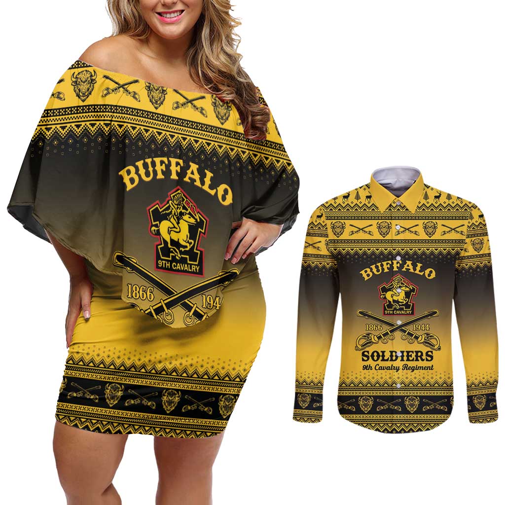 Buffalo Soldiers Christmas Couples Matching Off Shoulder Short Dress and Long Sleeve Button Shirt 9th Cavalry Regiment - Wonder Print Shop