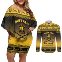 Buffalo Soldiers Christmas Couples Matching Off Shoulder Short Dress and Long Sleeve Button Shirt 9th Cavalry Regiment - Wonder Print Shop