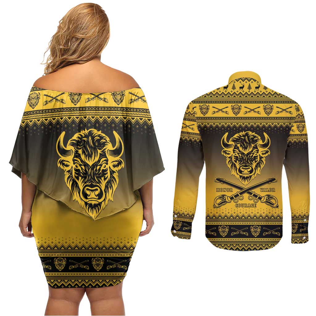 Buffalo Soldiers Christmas Couples Matching Off Shoulder Short Dress and Long Sleeve Button Shirt 9th Cavalry Regiment - Wonder Print Shop