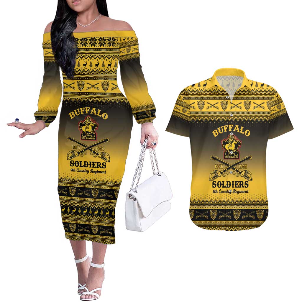 Buffalo Soldiers Christmas Couples Matching Off The Shoulder Long Sleeve Dress and Hawaiian Shirt 9th Cavalry Regiment - Wonder Print Shop