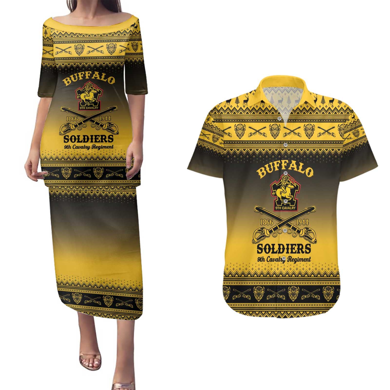 Buffalo Soldiers Christmas Couples Matching Puletasi and Hawaiian Shirt 9th Cavalry Regiment - Wonder Print Shop