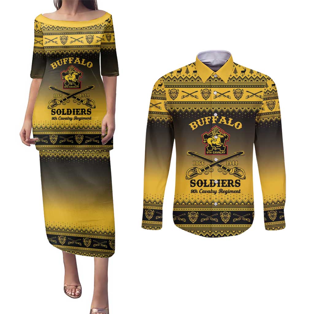 Buffalo Soldiers Christmas Couples Matching Puletasi and Long Sleeve Button Shirt 9th Cavalry Regiment - Wonder Print Shop