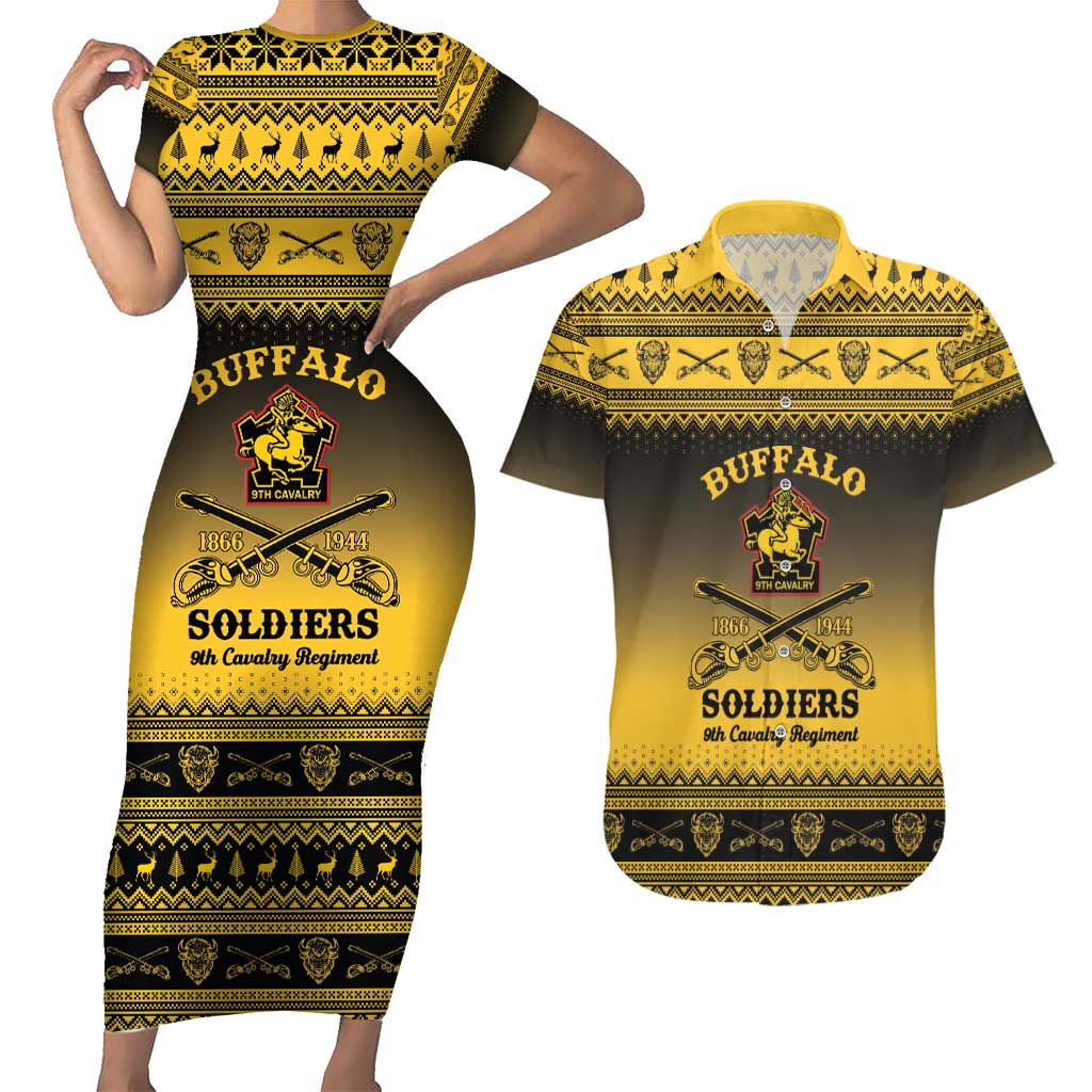 Buffalo Soldiers Christmas Couples Matching Short Sleeve Bodycon Dress and Hawaiian Shirt 9th Cavalry Regiment - Wonder Print Shop