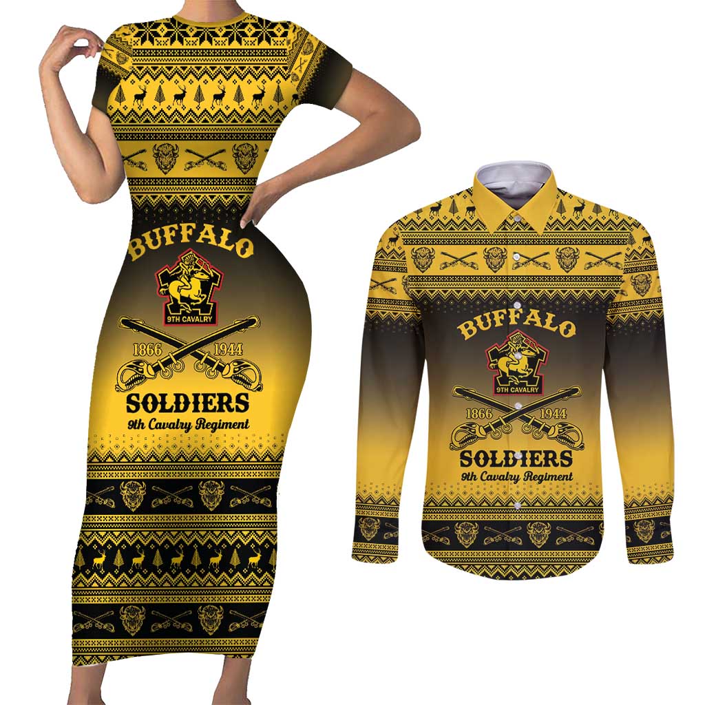 Buffalo Soldiers Christmas Couples Matching Short Sleeve Bodycon Dress and Long Sleeve Button Shirt 9th Cavalry Regiment - Wonder Print Shop