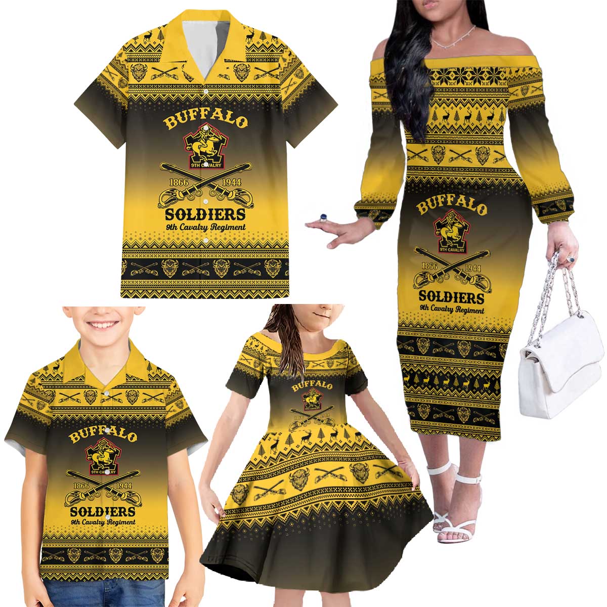 Buffalo Soldiers Christmas Family Matching Off The Shoulder Long Sleeve Dress and Hawaiian Shirt 9th Cavalry Regiment - Wonder Print Shop