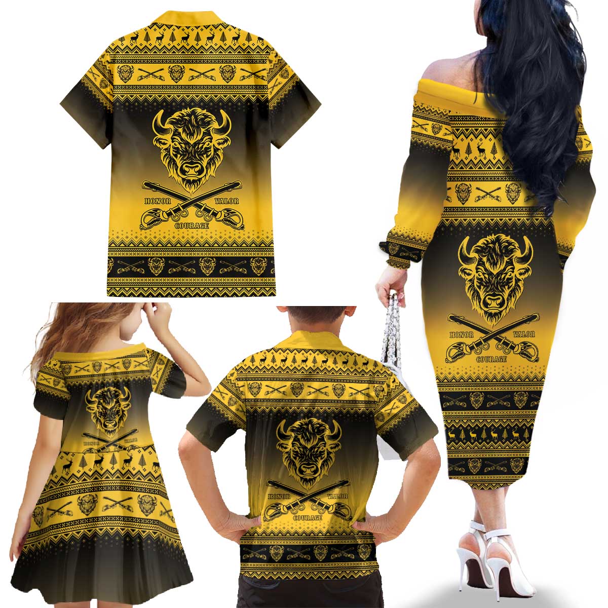 Buffalo Soldiers Christmas Family Matching Off The Shoulder Long Sleeve Dress and Hawaiian Shirt 9th Cavalry Regiment - Wonder Print Shop