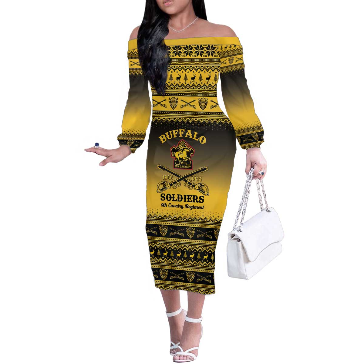 Buffalo Soldiers Christmas Family Matching Off The Shoulder Long Sleeve Dress and Hawaiian Shirt 9th Cavalry Regiment - Wonder Print Shop
