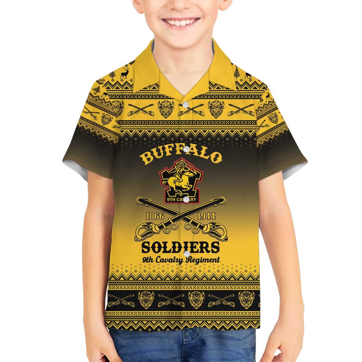 Buffalo Soldiers Christmas Family Matching Off The Shoulder Long Sleeve Dress and Hawaiian Shirt 9th Cavalry Regiment - Wonder Print Shop